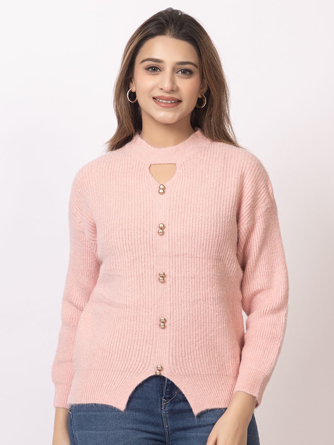 GFO Women Woollen Round Neck Sweater Vest, Pink