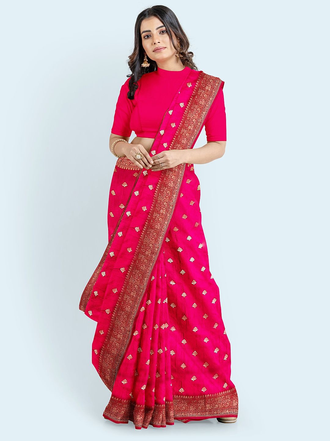 

Meena Bazaar Ethnic Motifs Zari Saree, Pink