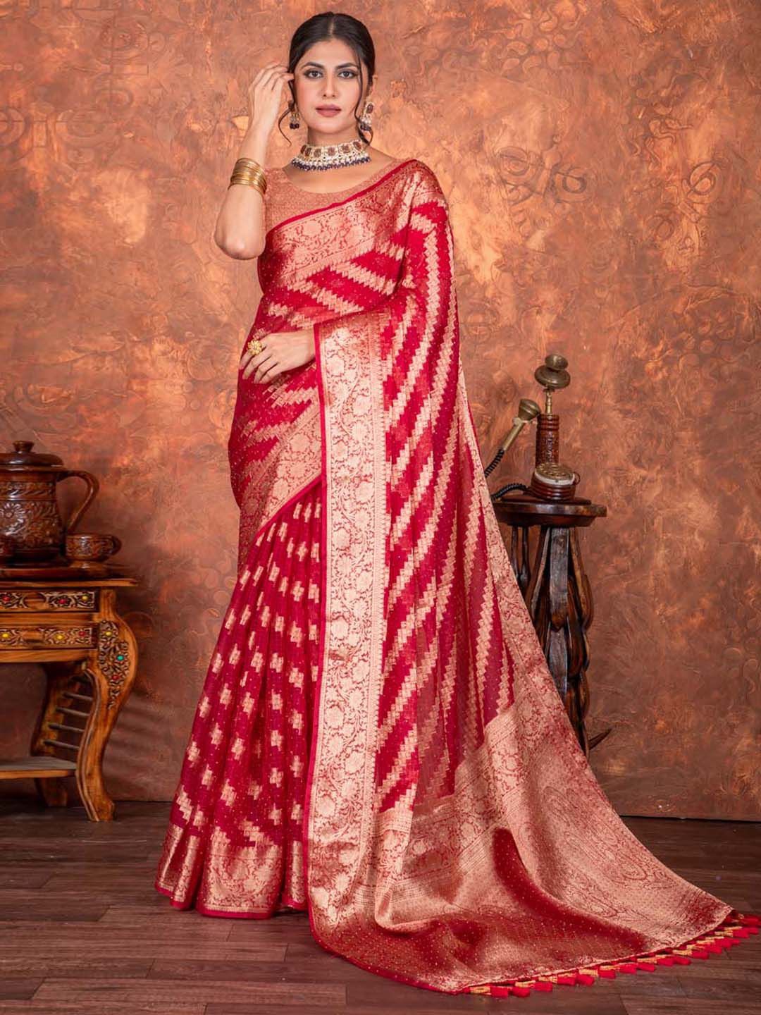 

Meena Bazaar Geometric Woven Design Art Silk Saree, Red