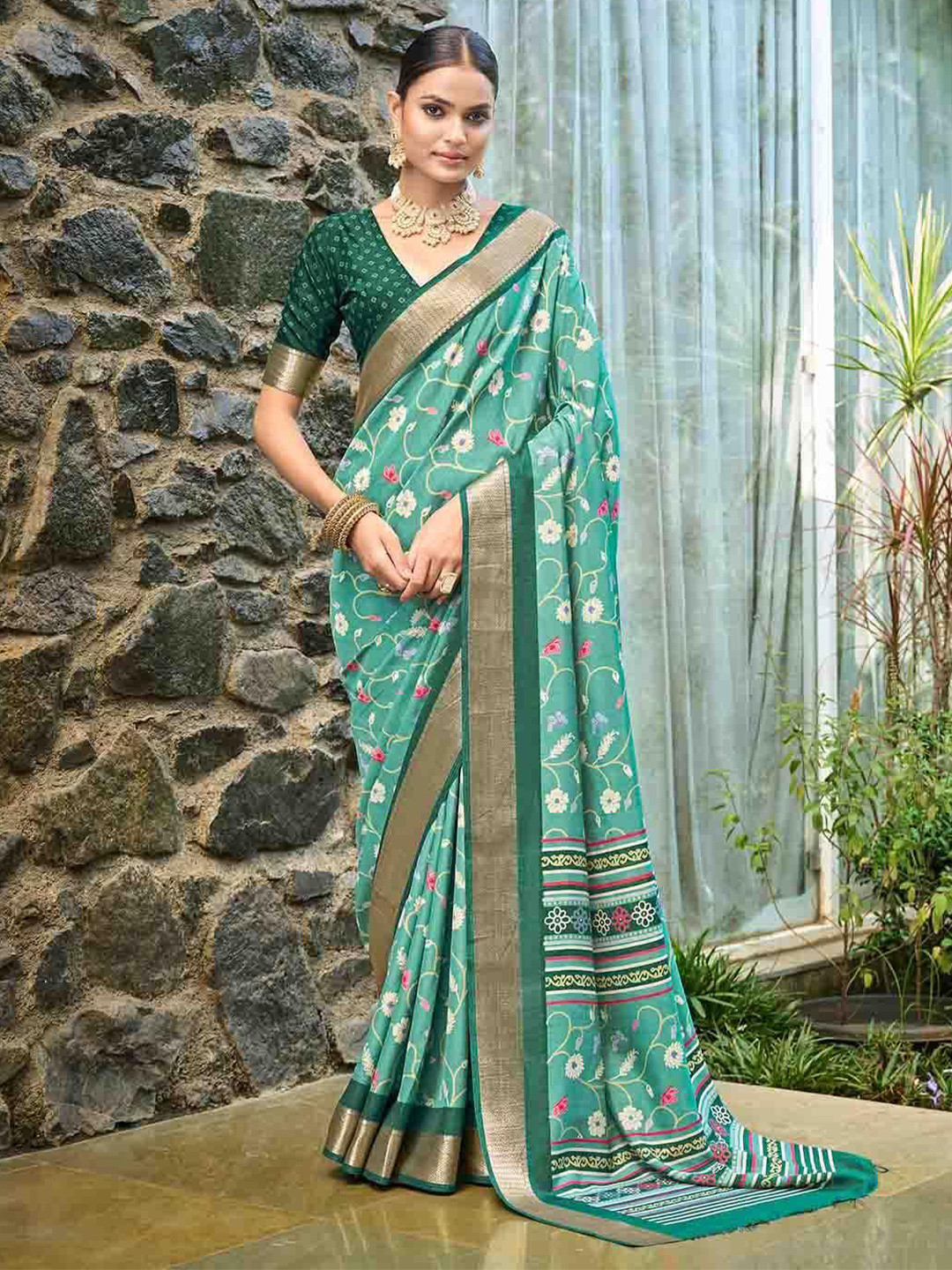 

Meena Bazaar Floral Printed Art Silk Saree, Blue