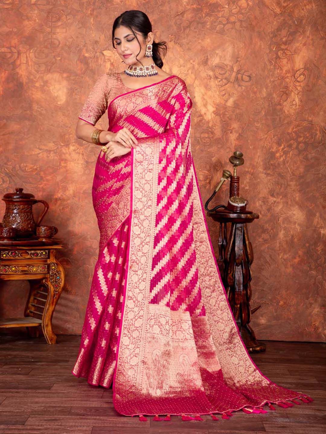 

Meena Bazaar Woven Design Zari Organza Saree, Pink