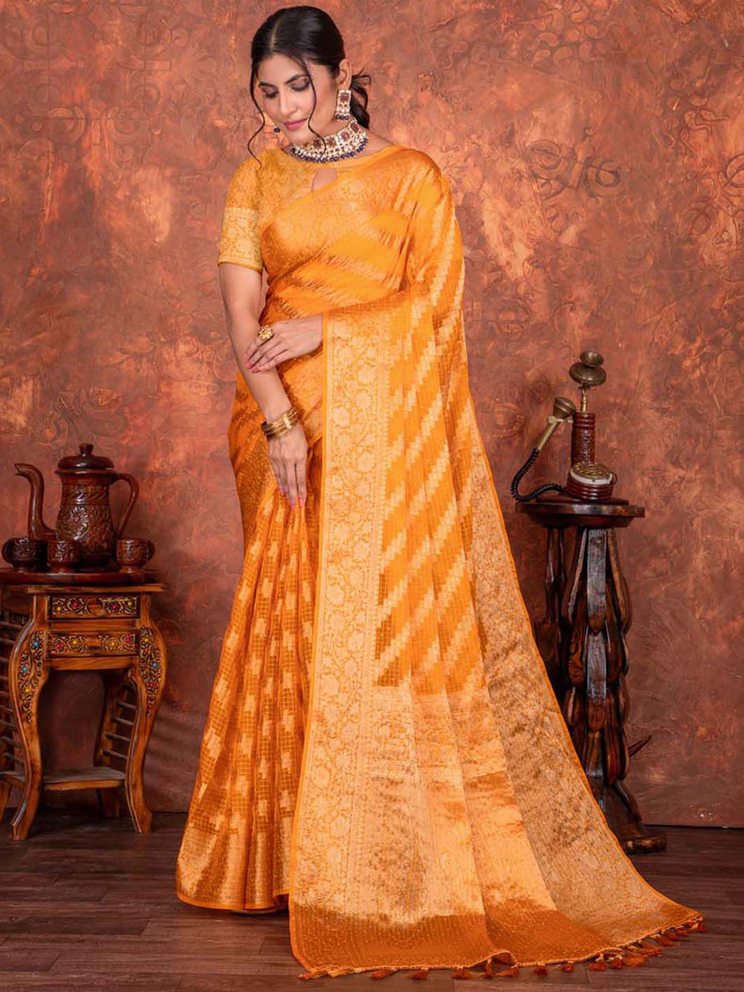 

Meena Bazaar Geometric Woven Design Art Silk Saree, Mustard