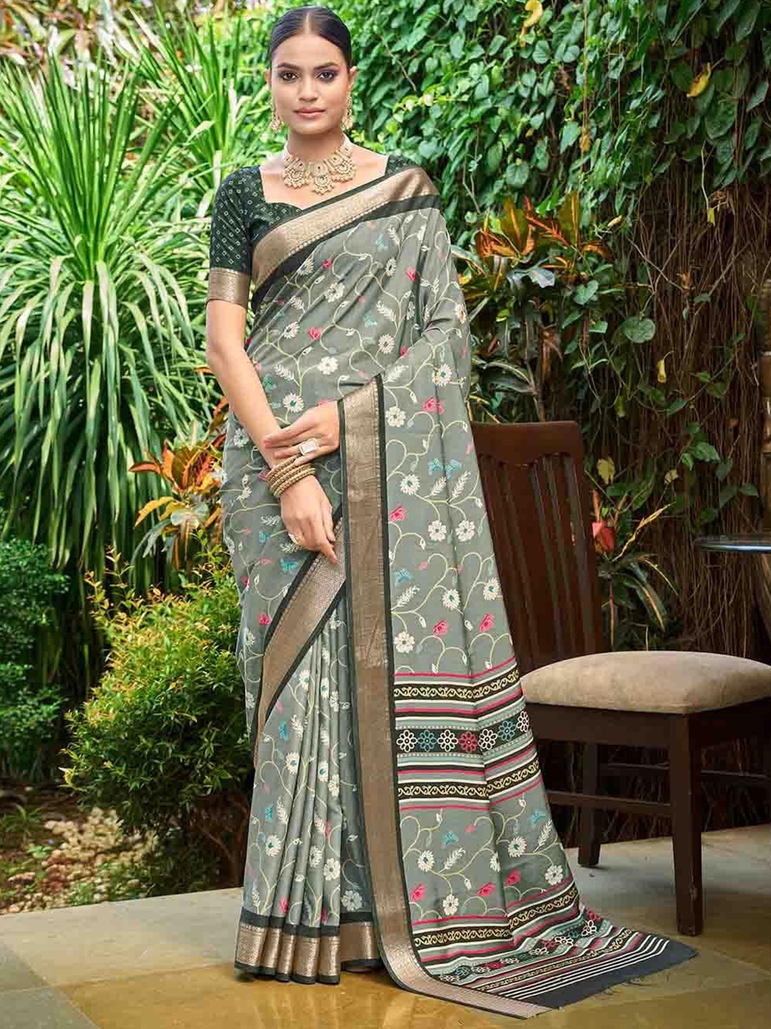 

Meena Bazaar Floral Printed Art Silk Saree, Grey