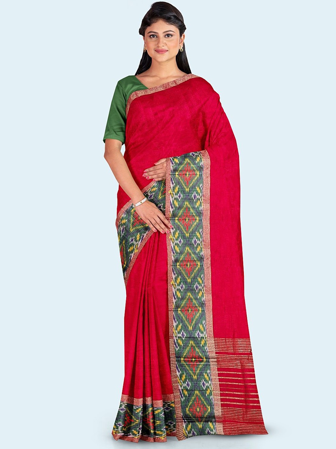

Meena Bazaar Woven Design Border Solid Saree With Blouse Piece, Pink