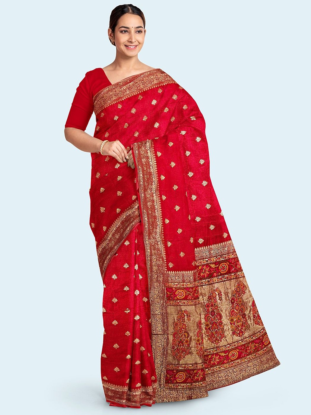 

Meena Bazaar Ethnic Motifs Woven Art Silk Saree, Red