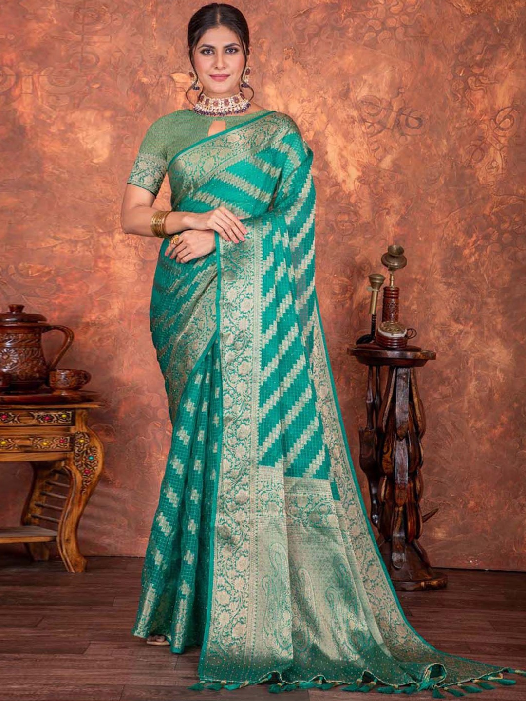 

Meena Bazaar Geometric Woven Design Art Silk Saree, Blue