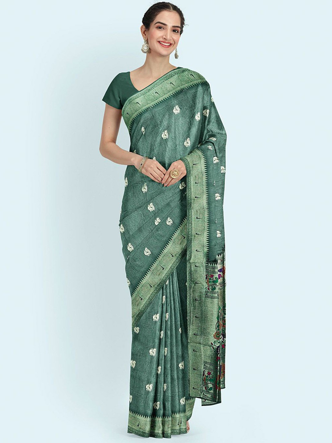 

Meena Bazaar Ethnic Motifs Woven Art Silk Saree, Green