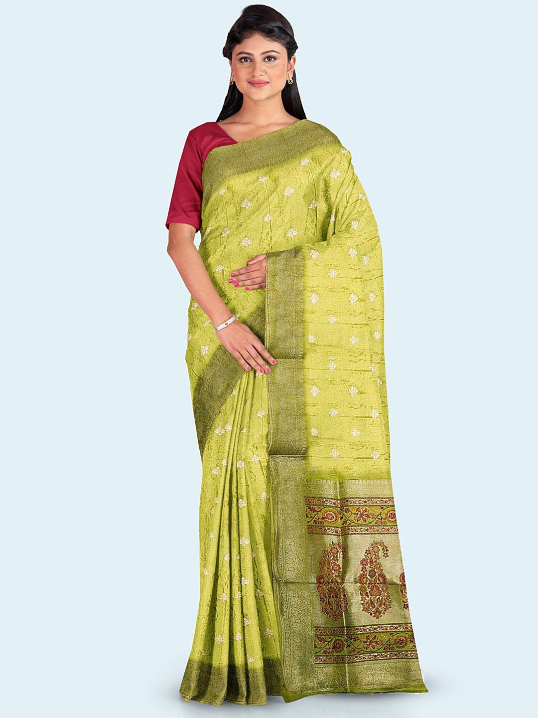 

Meena Bazaar Ethnic Motifs Woven Design Zari Saree, Lime green