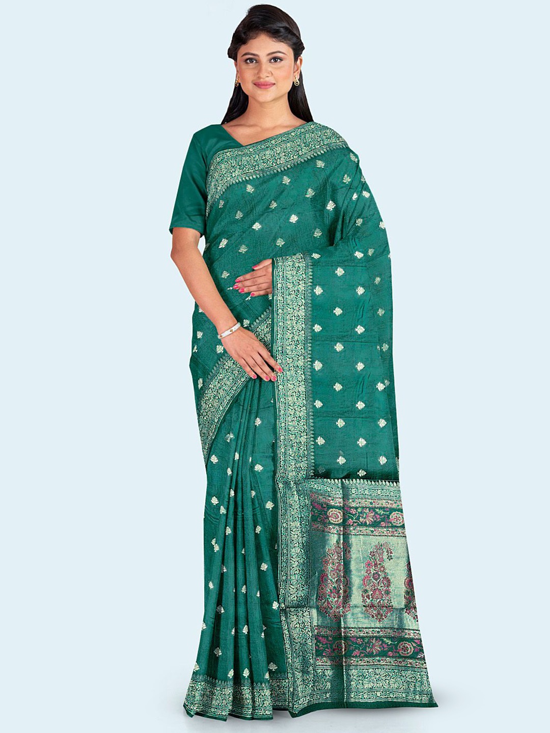 

Meena Bazaar Ethnic Motifs Woven Art Silk Saree, Green