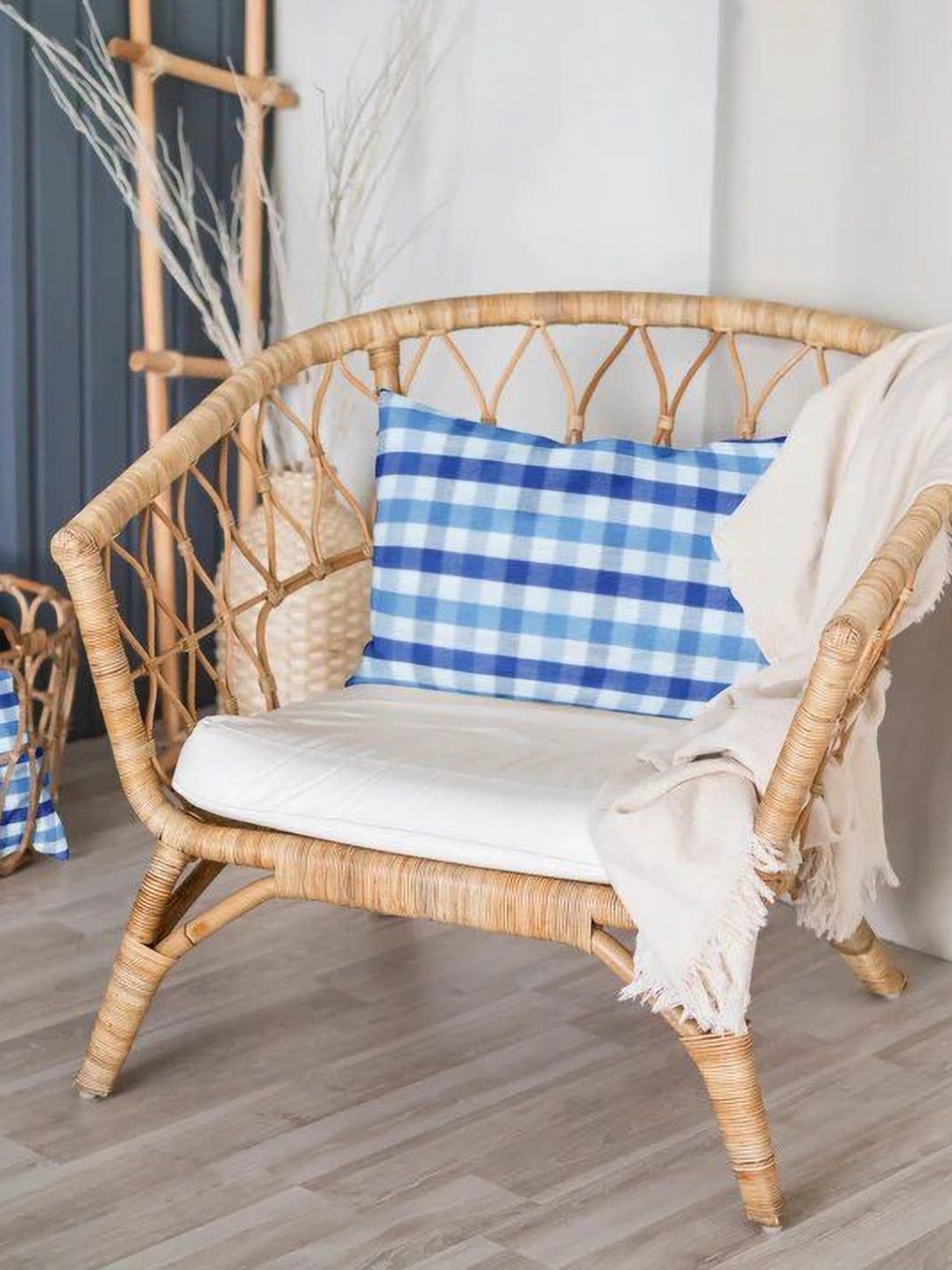 

THE BABY ATELIER White & Blue 1 Pieces Checked Pure Cotton Rectangle Pillow Covers