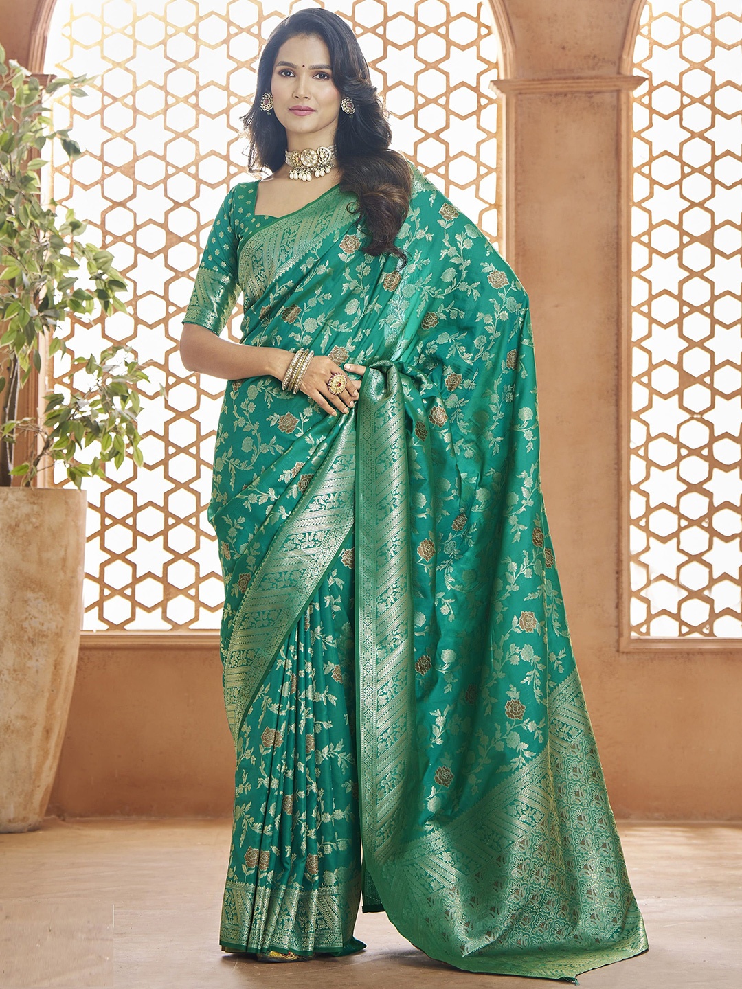 

MAHALASA Woven Design Zari Pure Silk Banarasi Saree, Sea green