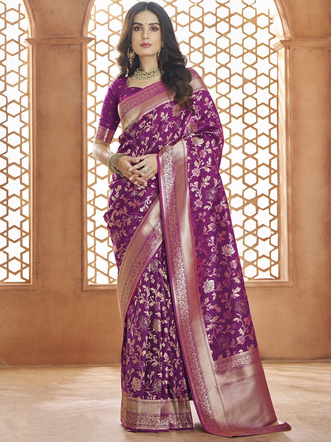 

MAHALASA Ethnic Motifs Zari Pure Silk Banarasi Saree, Purple
