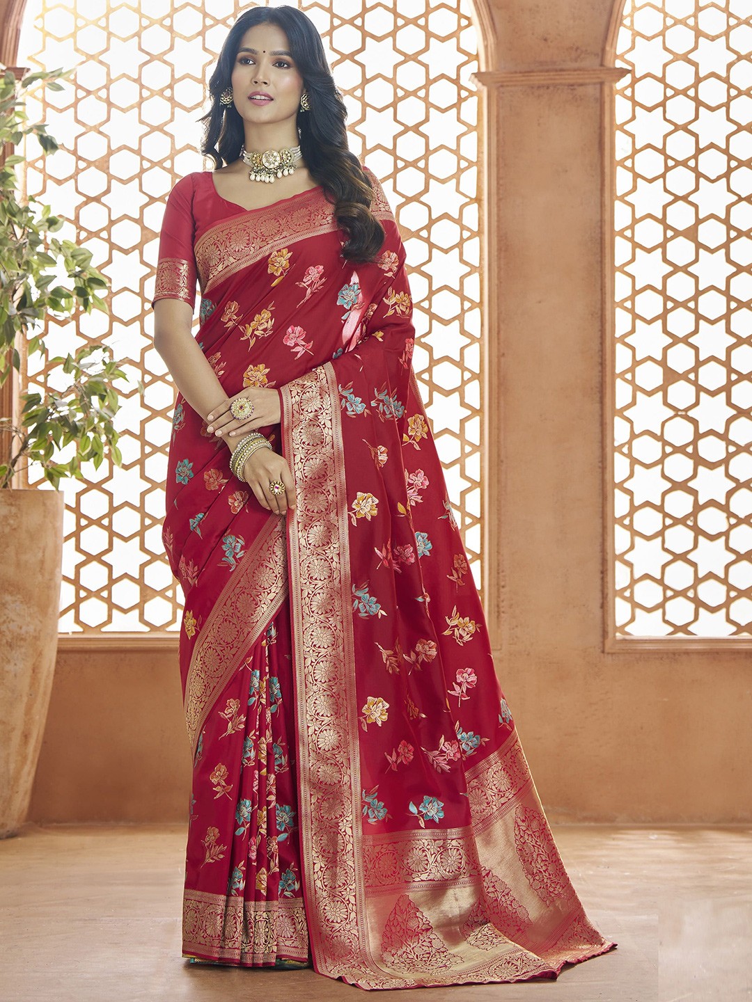 

MAHALASA Ethnic Motifs Zari Pure Silk Banarasi Saree, Red