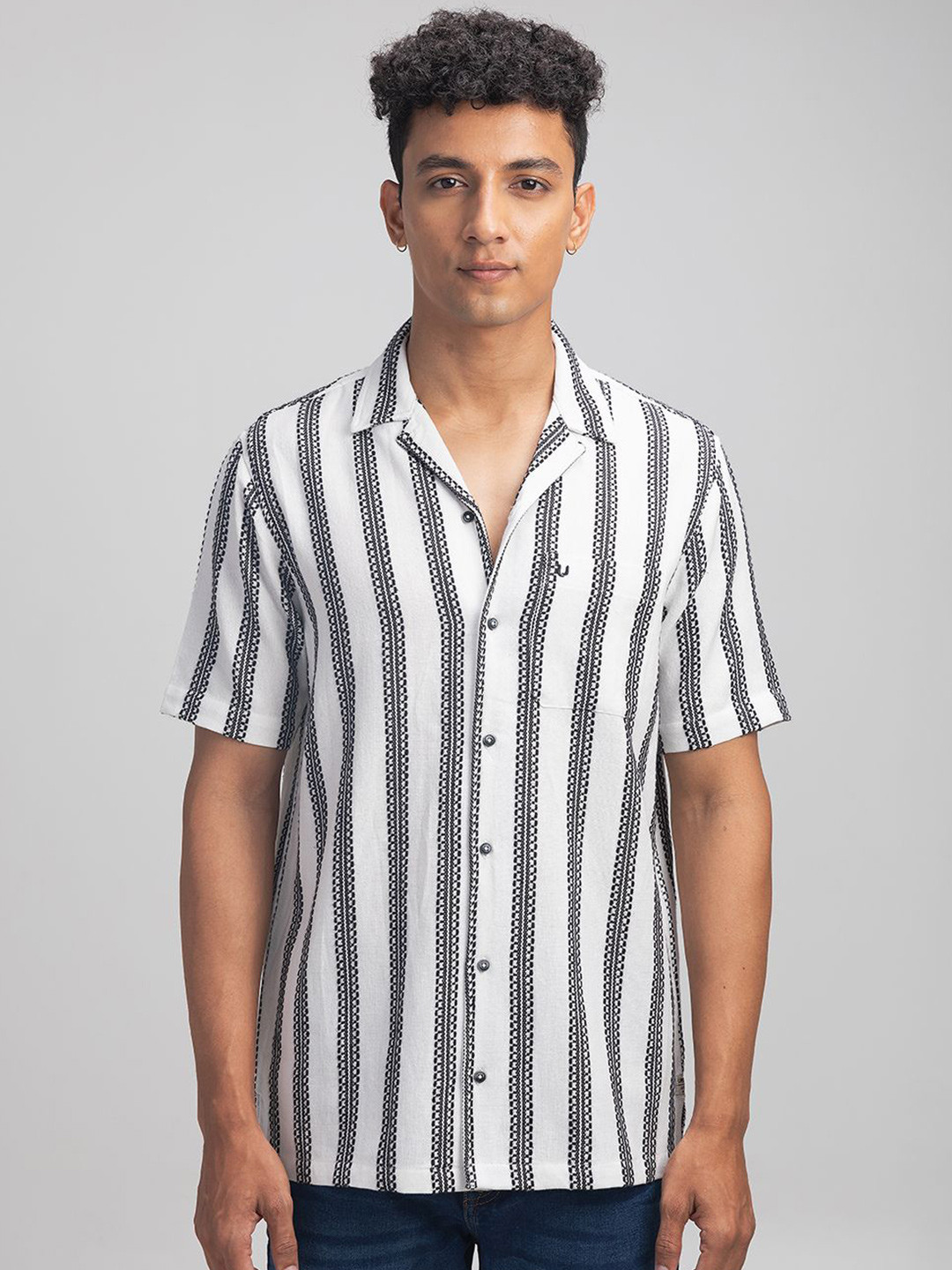 

URBARO Men Smart Relaxed Fit Cuban Collar Vertical Striped Cotton Casual Shirt, White