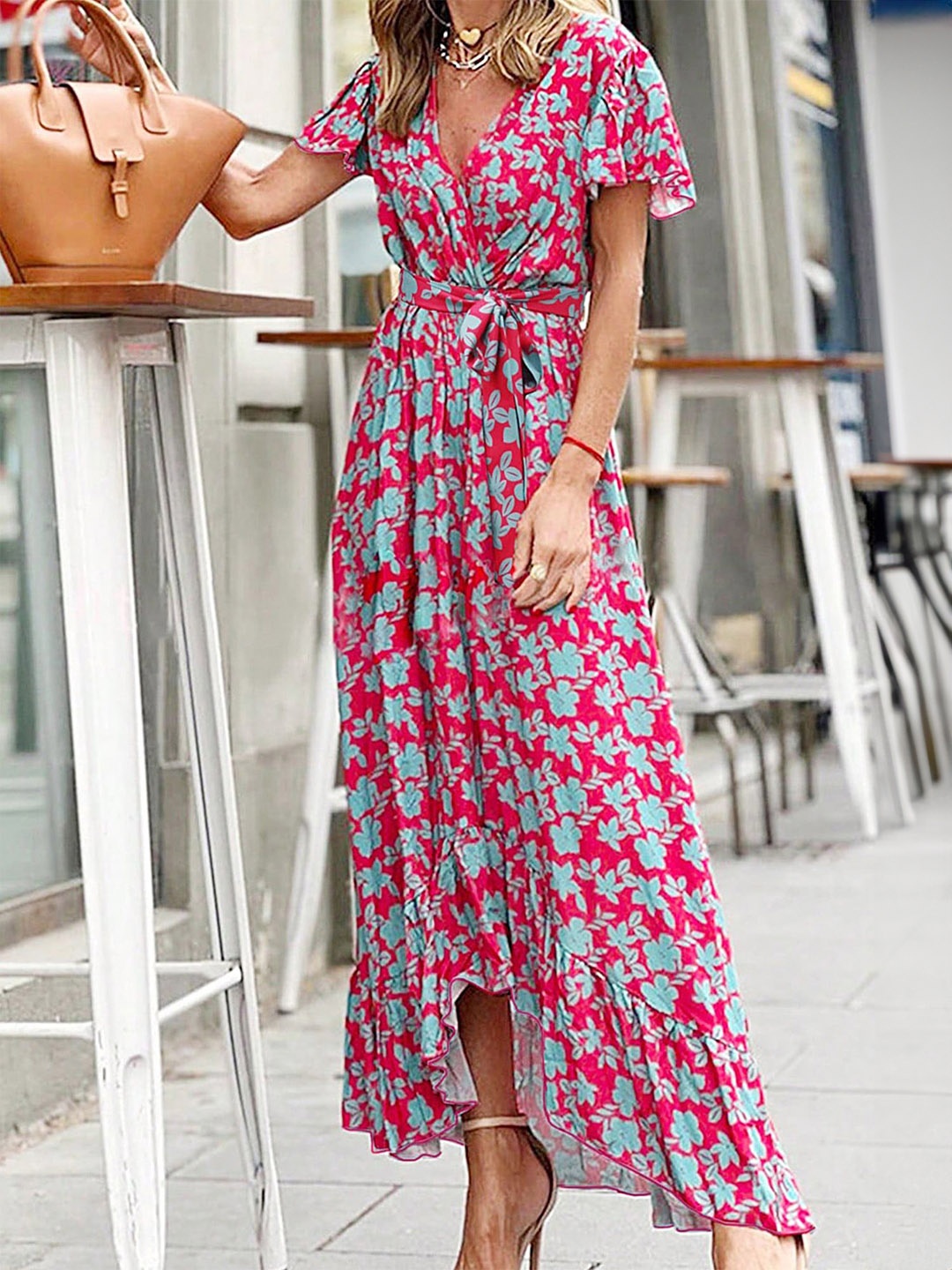 

LULU & SKY Women Floral Printed V-neck Maxi Dress, Red