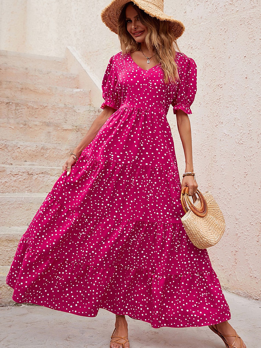 

LULU & SKY Women Floral Printed Puff Sleeve Maxi Dress, Rose