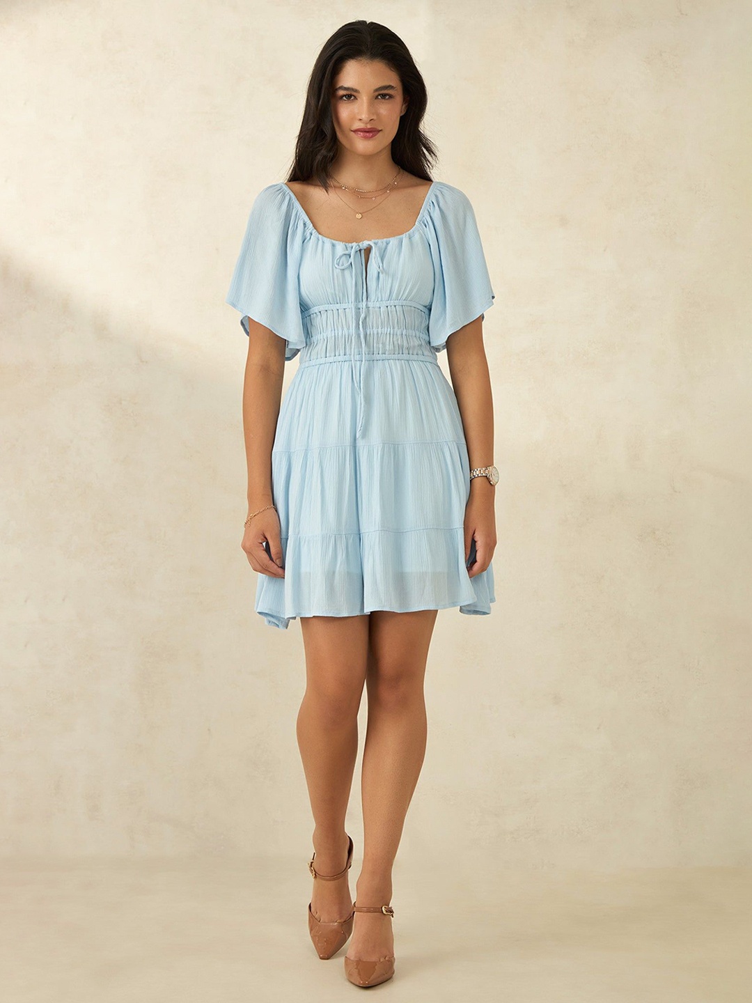 

Virgio Azreen Women Viscose Square Neck Knee Length Solid Puff Sleeves Dress, Blue