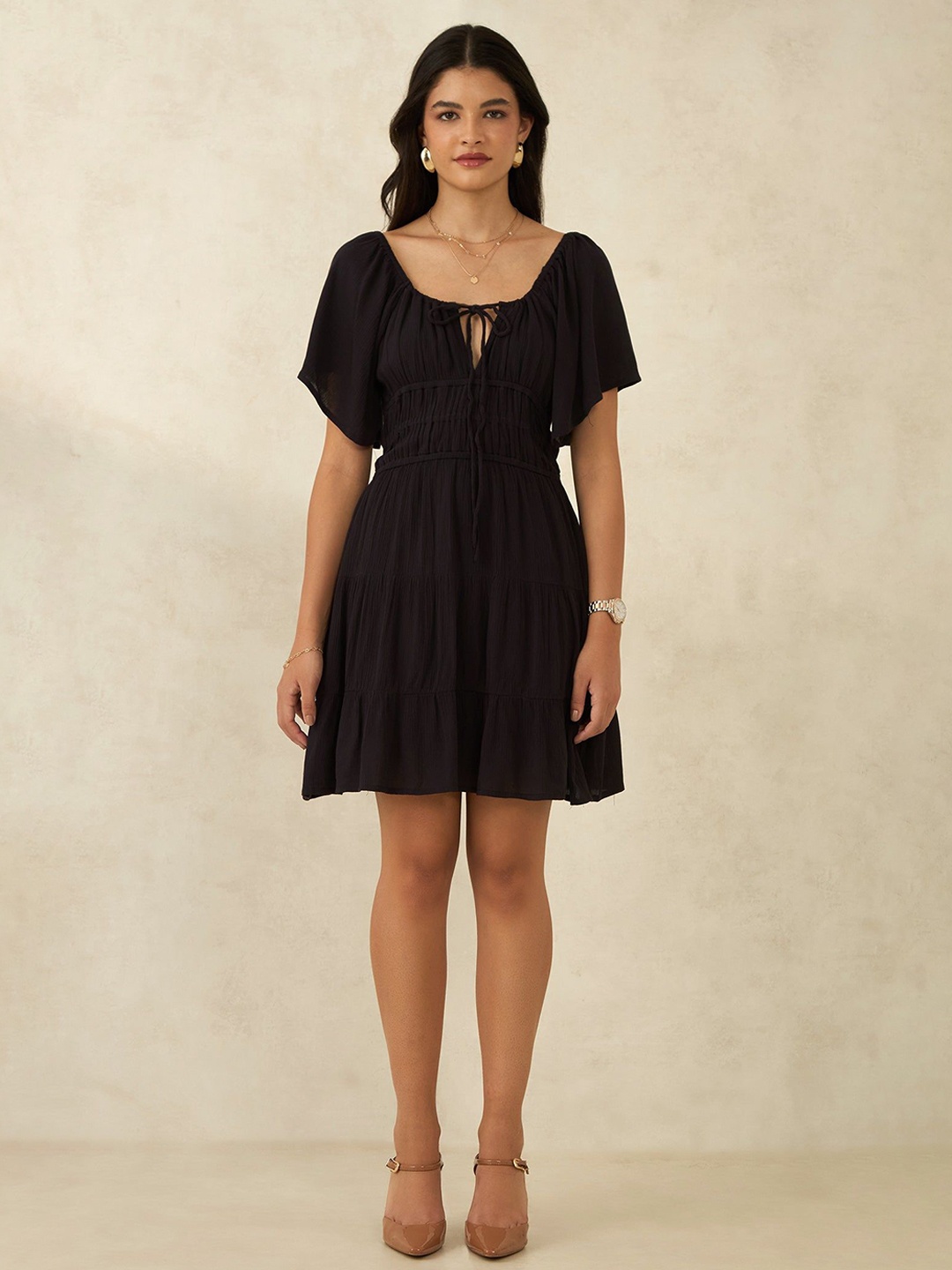 

Virgio Women Viscose Square Neck Knee Length Solid Puff Sleeves Dress, Black