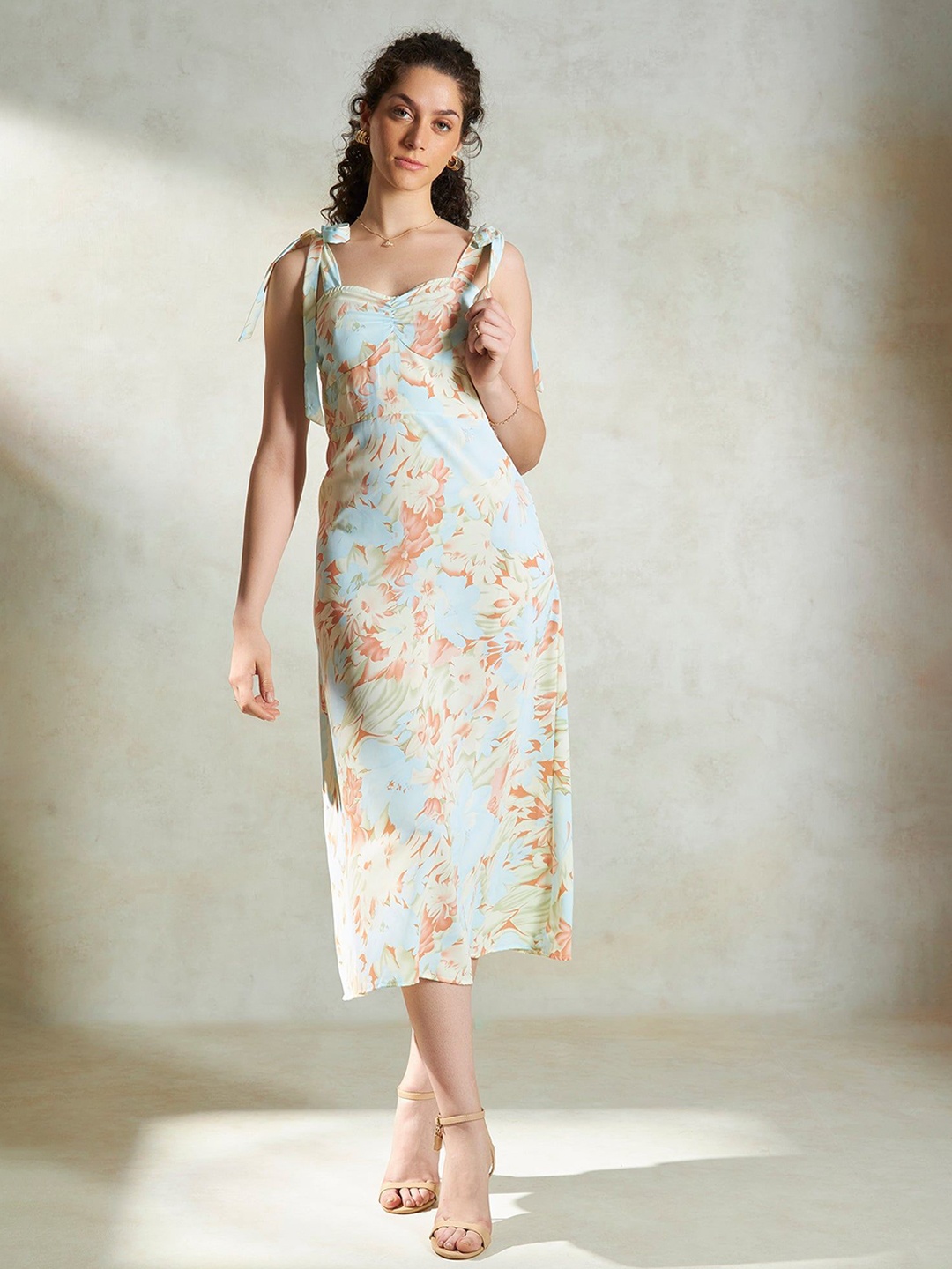

Virgio Women Candy |Gorgeous Poly Moss Shoulder Tie-up Midi Dress, Blue