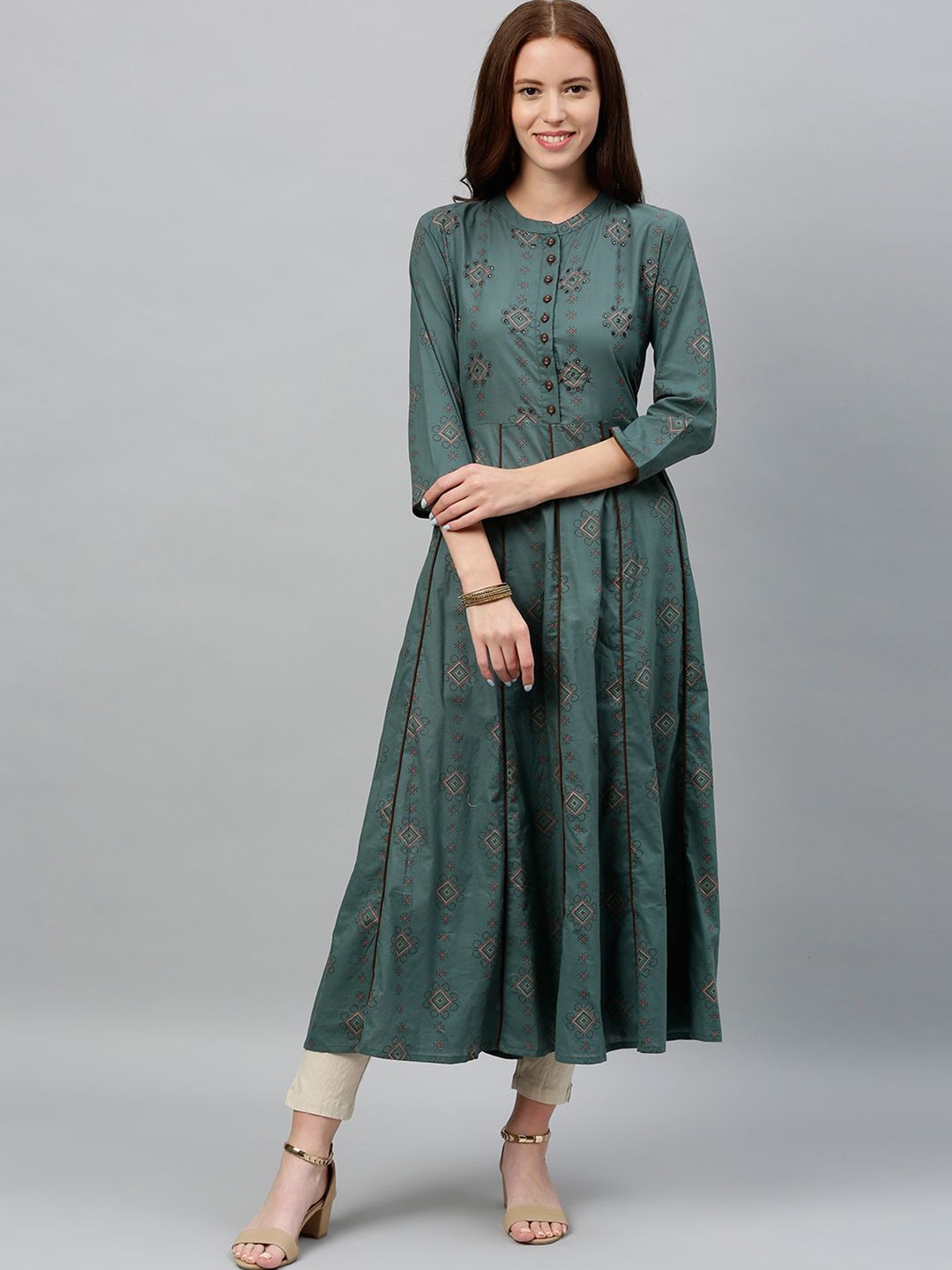 

kipek Women Geometric Printed Cotton Kurta, Teal