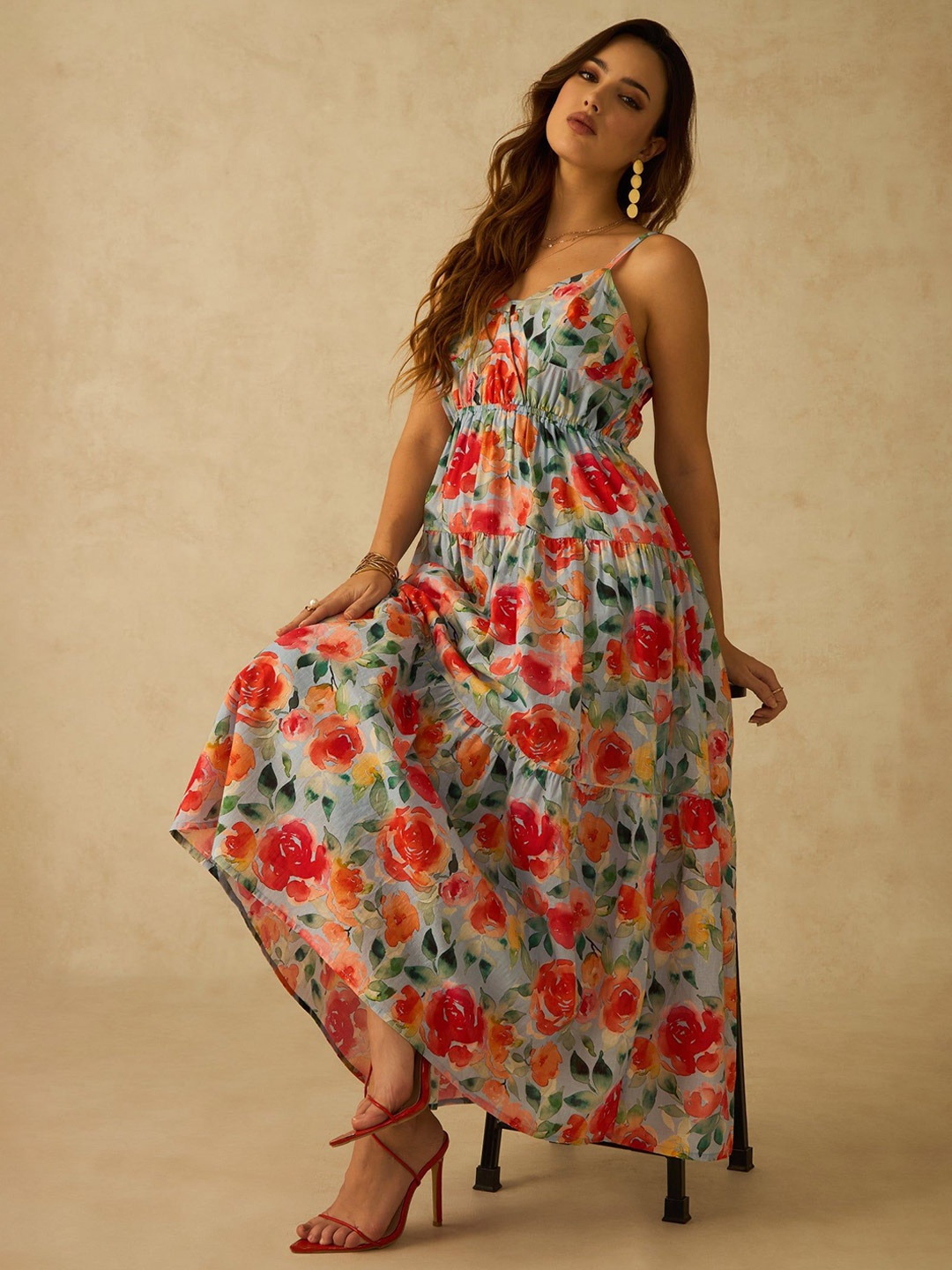 

Virgio Women Cotton V-Neck Maxi Length Floral Shoulder Straps Dress, Blue
