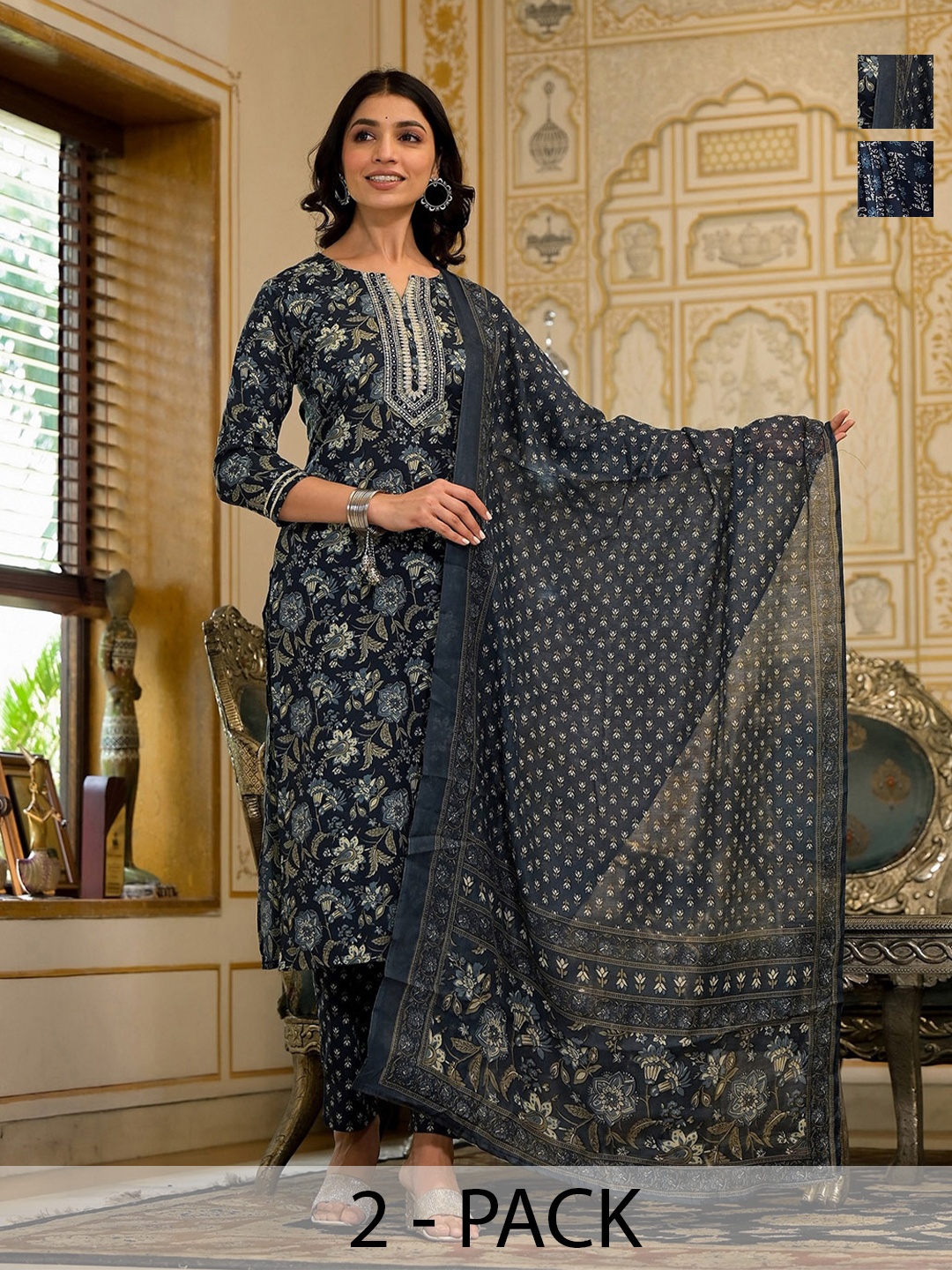 

KALINI Women Ethnic Motifs Printed Regular Kurta with Trousers & With Dupatta, Navy blue