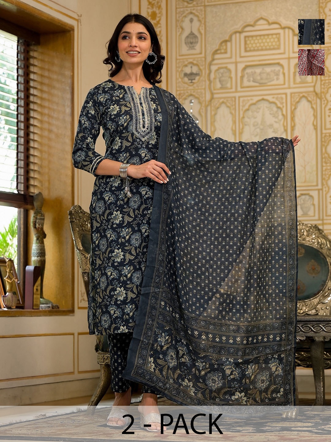 

KALINI Women Ethnic Motifs Printed Regular Kurta with Trousers & With Dupatta, Navy blue