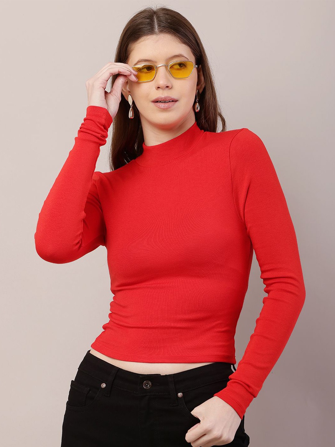 

NoBarr Women Mock Collar Ribbed Crop Pullover, Red
