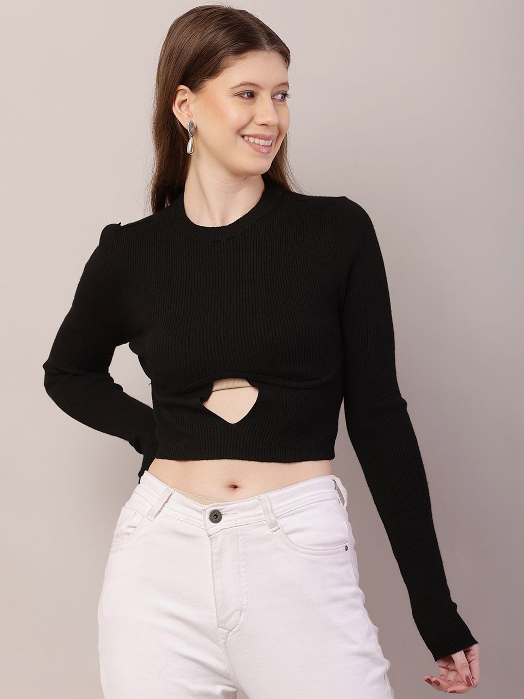 

NoBarr Women Ribbed Crop Pullover With Cut-Out Detailed, Black