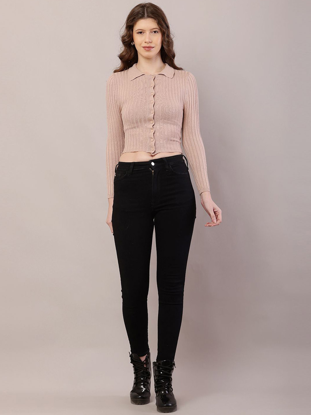 

NoBarr Women Shirt Collar Crop Cardigan, Beige