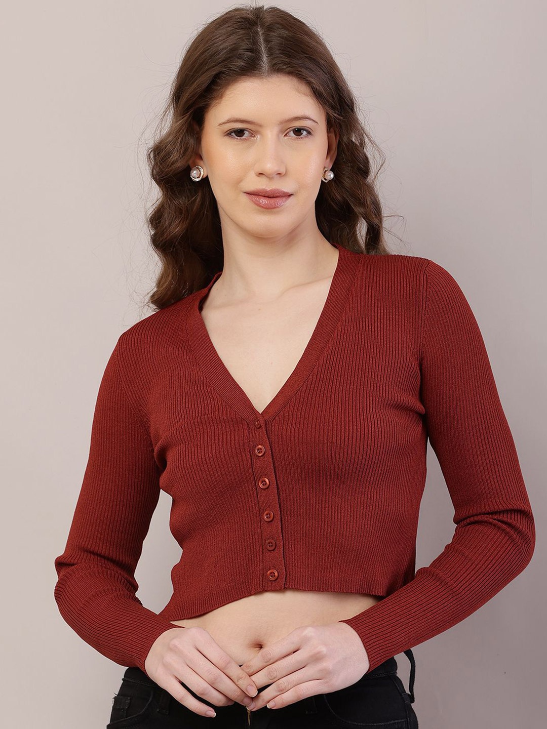 

NoBarr Women V-Neck Crop Cardigan, Brown