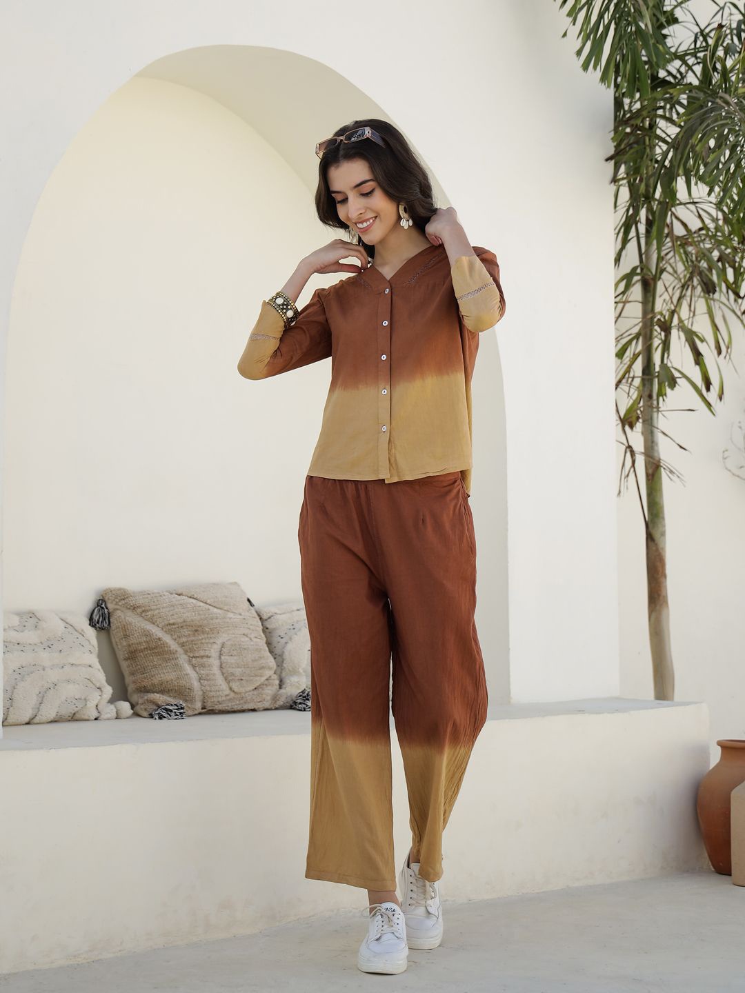 

SANSKRUTIHOMES Women Colourblocked Pure Cotton Brown Co-Ords
