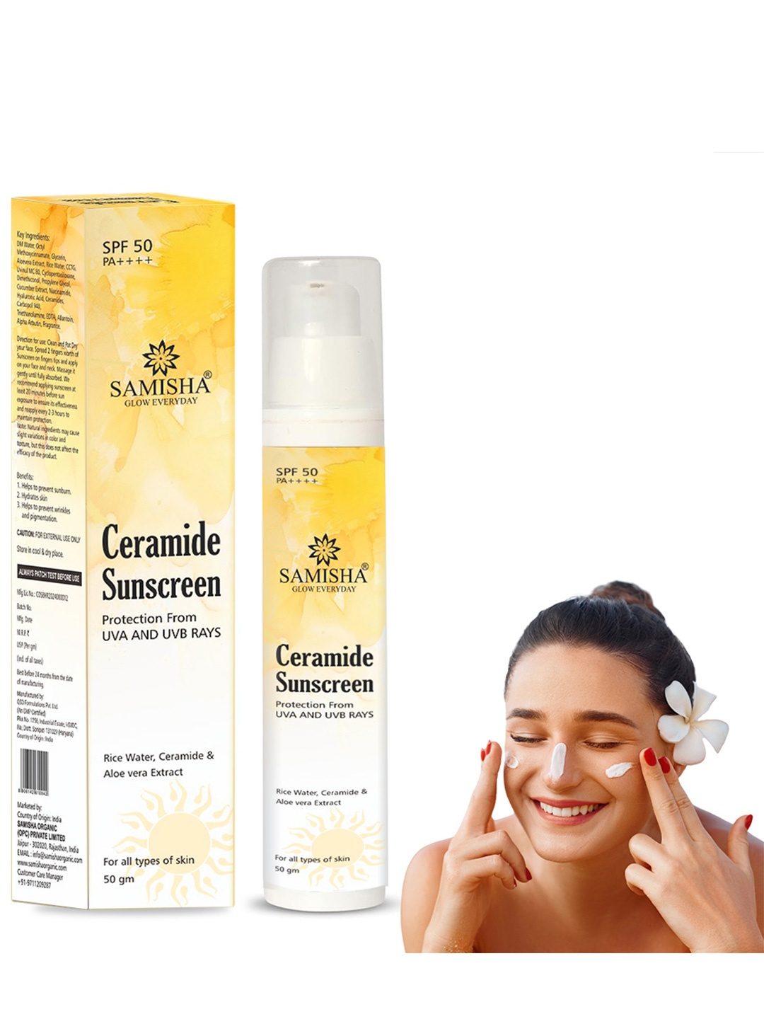 

SAMISHA Ceramide Hyaluronic Spf 50 Pa+++ Dewy & 100% No White Cast Sunscreen - 50 g