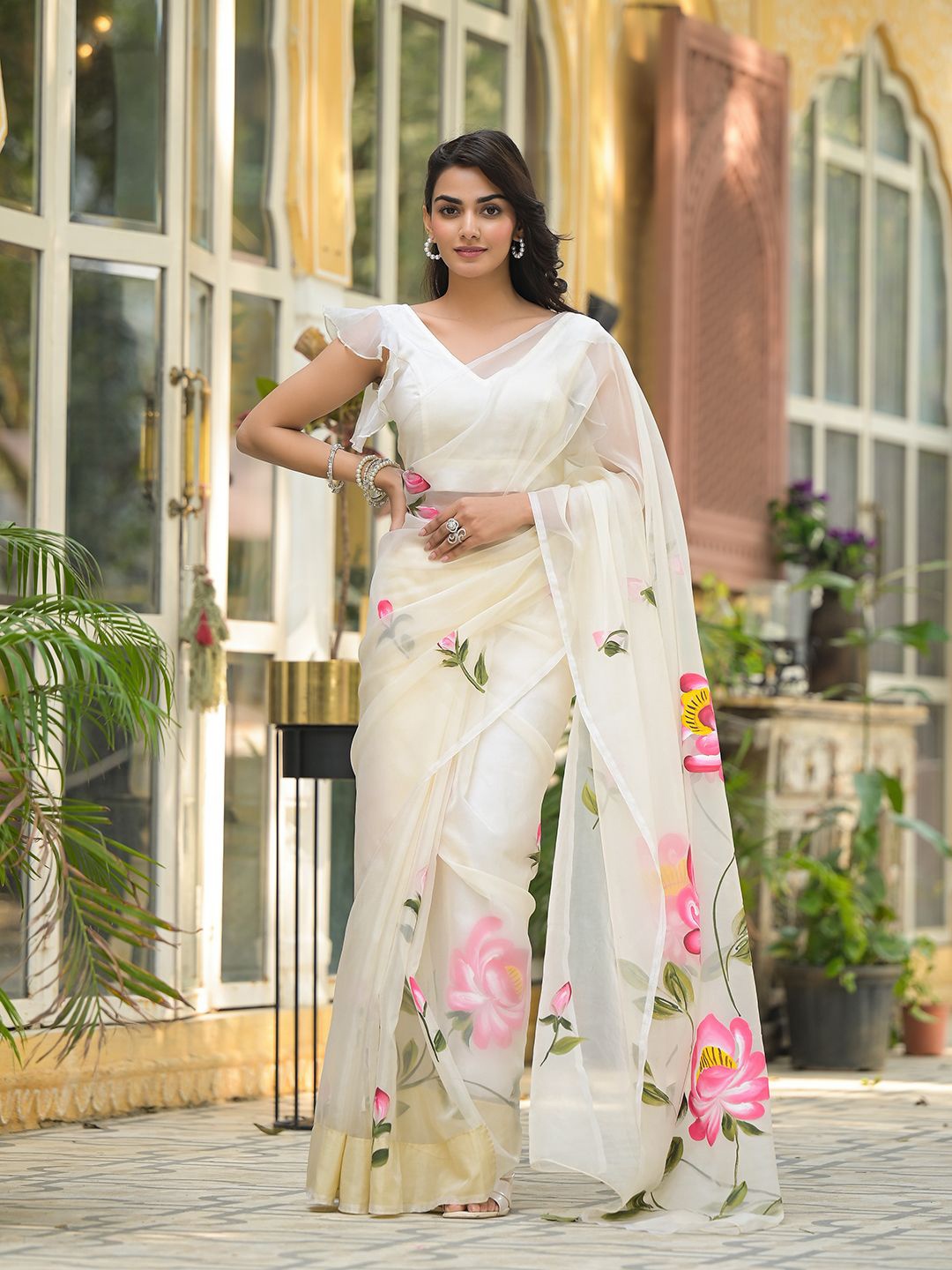 

Chandbaali Floral Organza Saree, Cream