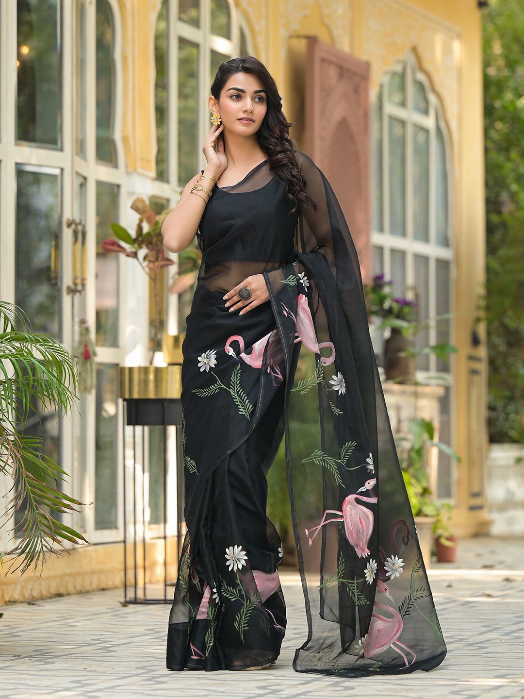 

Chandbaali Floral Printed Organza Saree, Black