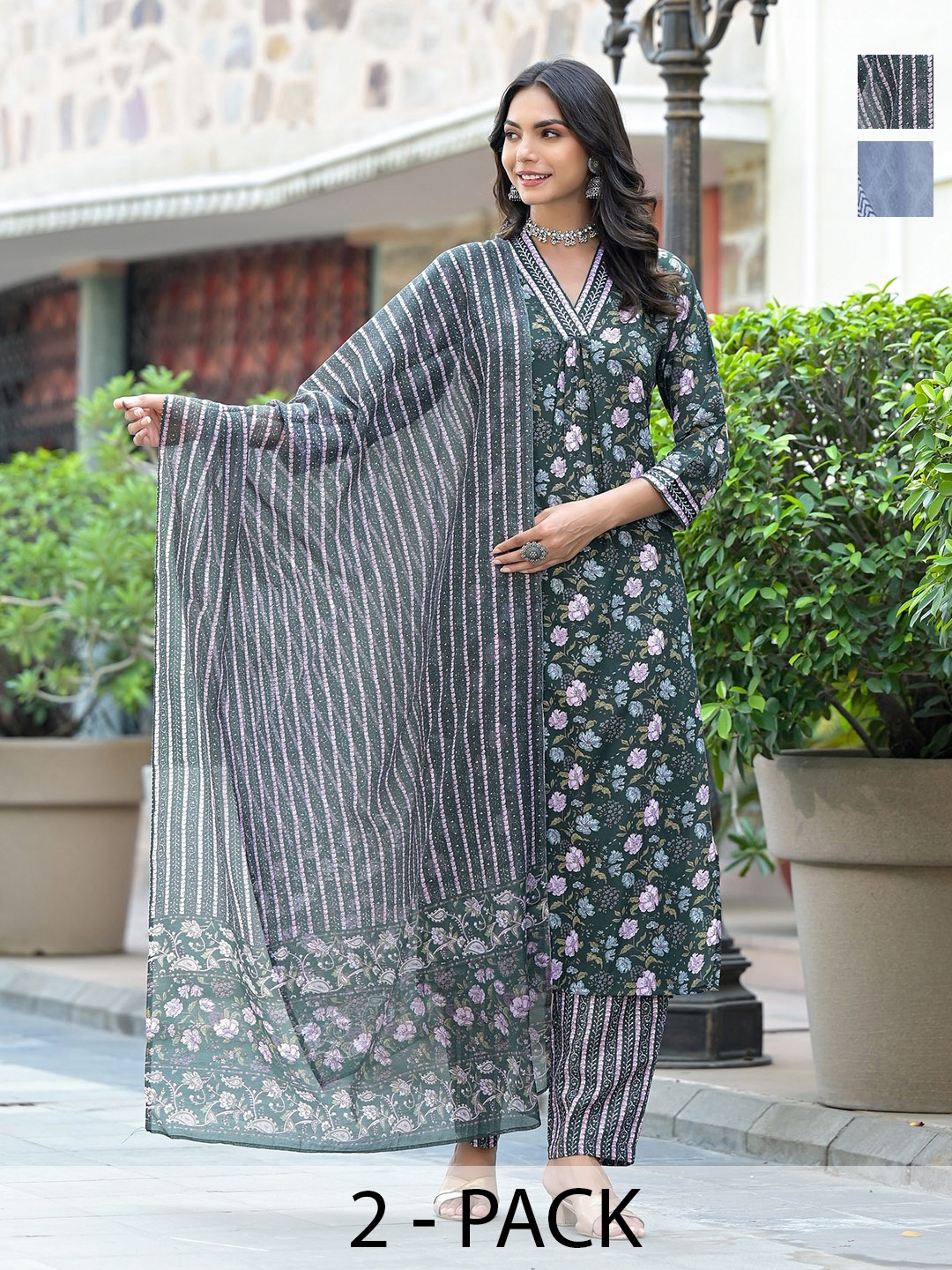 

KALINI Women Ethnic Motifs Printed Regular Kurta with Trousers & With Dupatta, Green