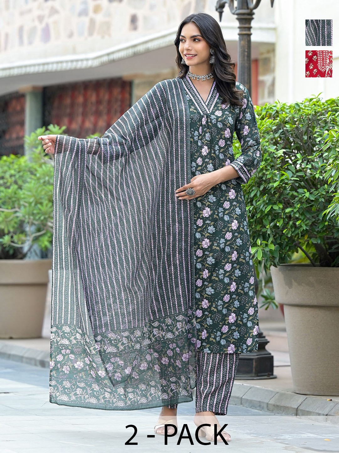 

KALINI Women Ethnic Motifs Printed Regular Kurta with Trousers & With Dupatta, Green