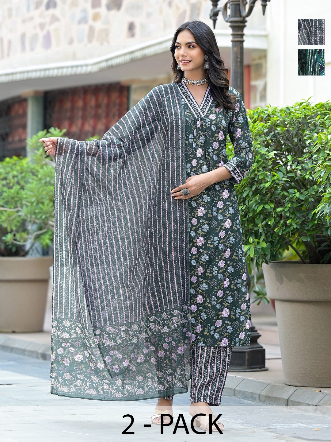 

KALINI Women Ethnic Motifs Printed Regular Kurta with Trousers & With Dupatta, Green