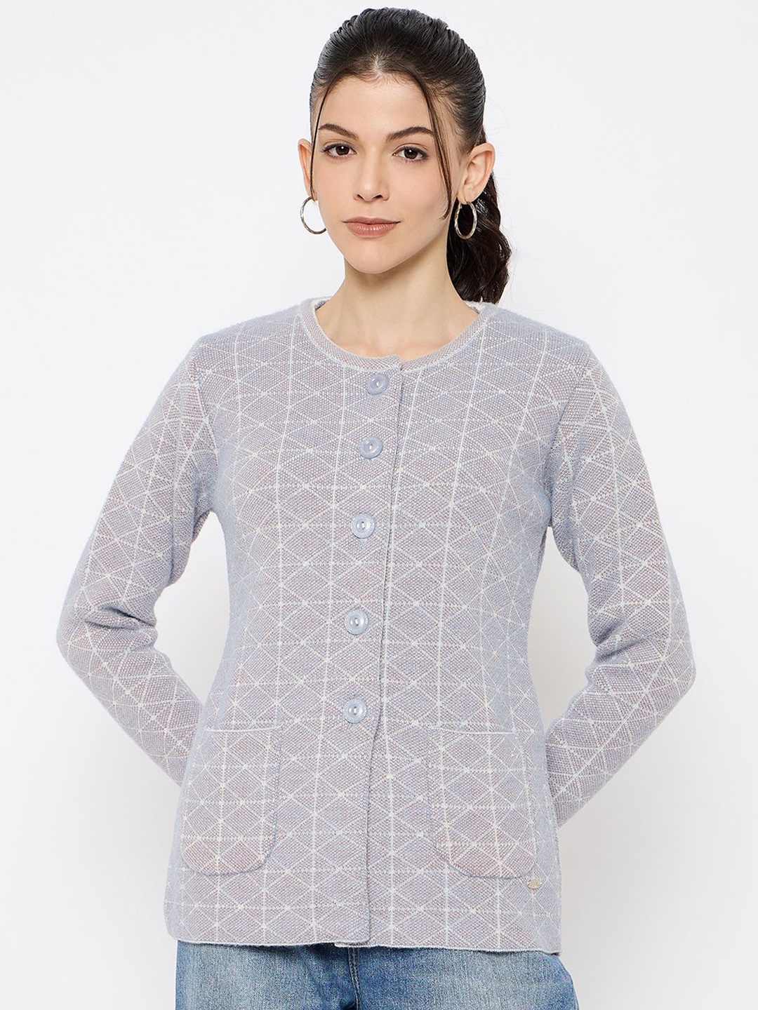 

Duke Women Self Design Front-Open Sweater, Blue