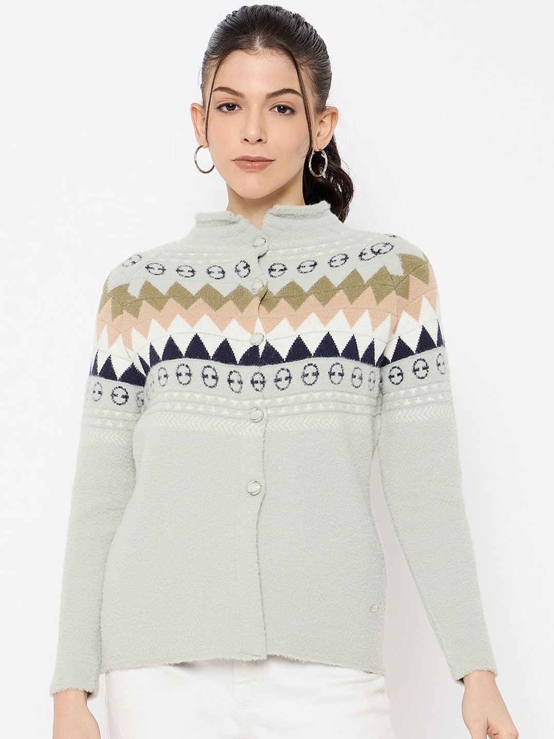 

Duke Women Self Design Front-Open Sweater, Grey