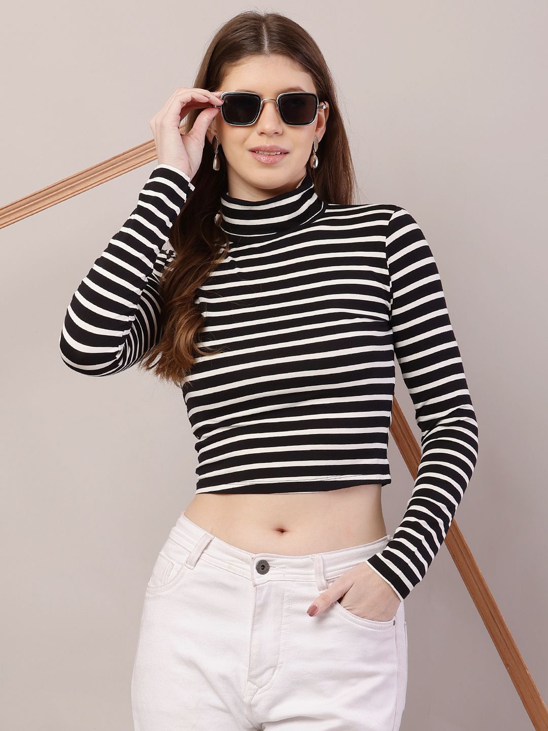 

NoBarr Women Striped High Neck Crop Top, Black