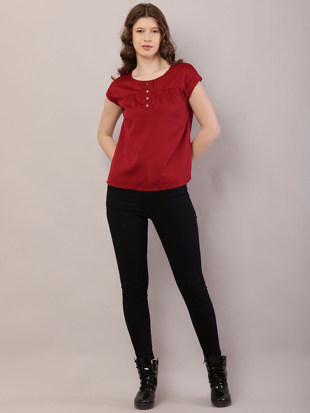 

NoBarr Women Gathered or Pleated Top With Button Detailed, Red