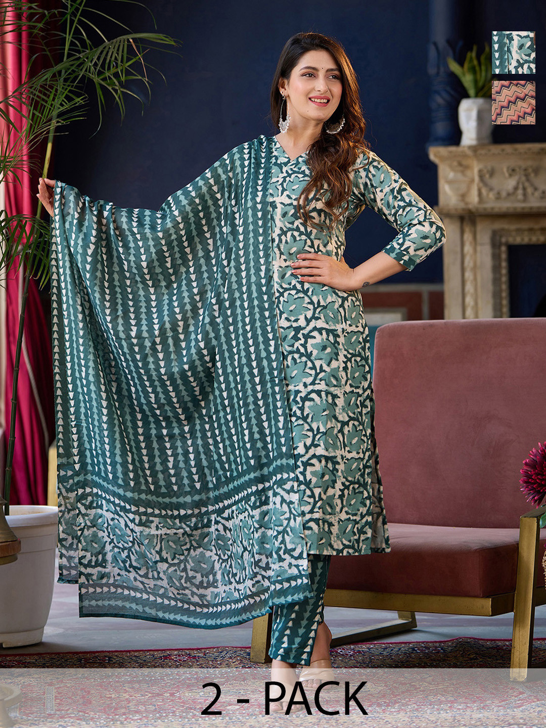 

KALINI Women Ethnic Motifs Printed Regular Kurta with Trousers & With Dupatta, Blue