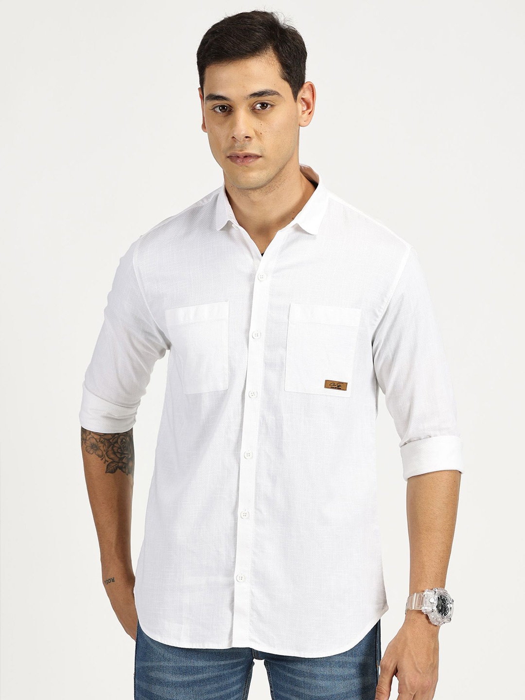 

RAVINIK Men India Slim Fit Spread Collar Solid Cotton Casual Shirt, White