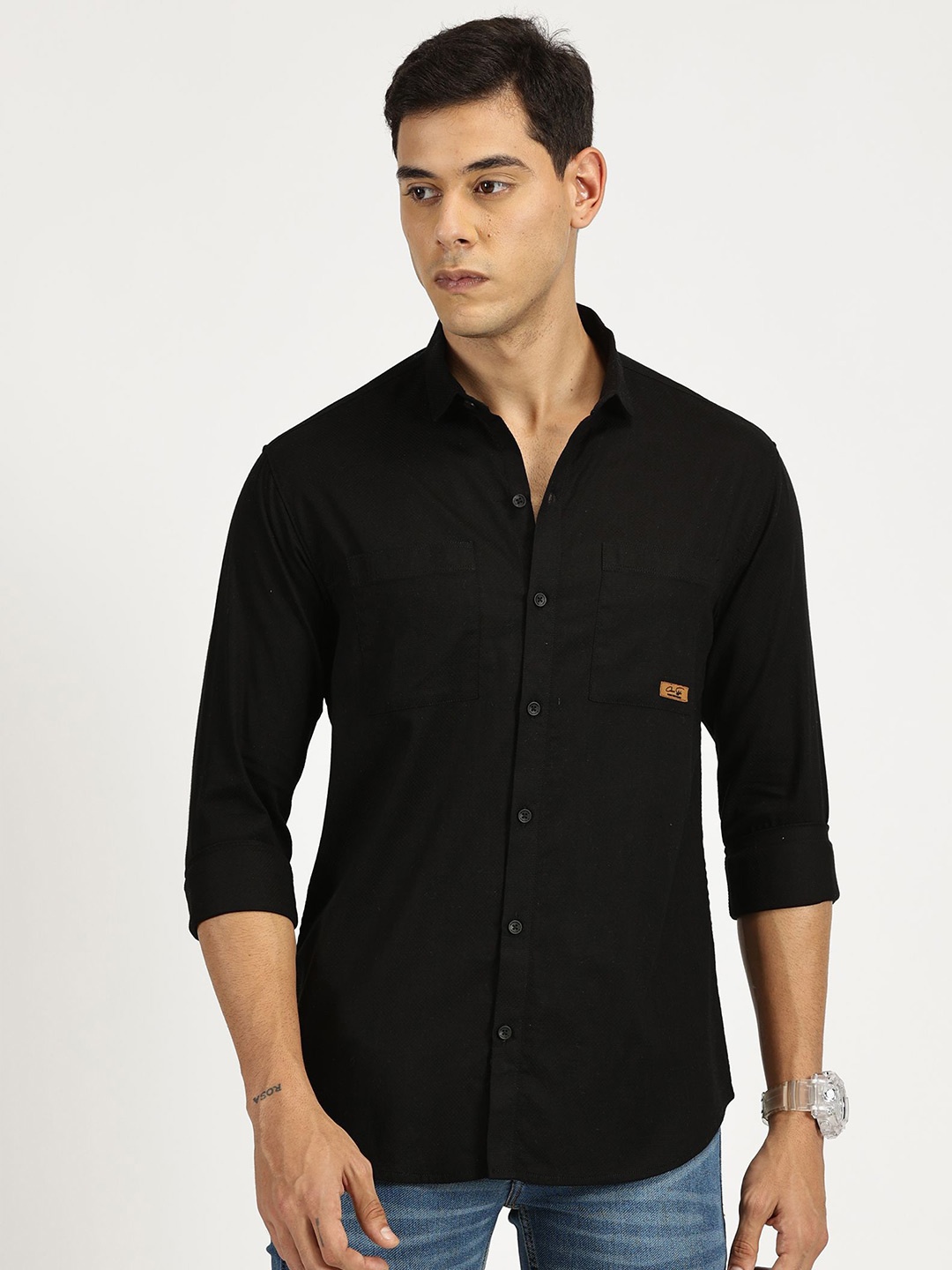 

RAVINIK Men India Slim Fit Spread Collar Solid Cotton Casual Shirt, Black
