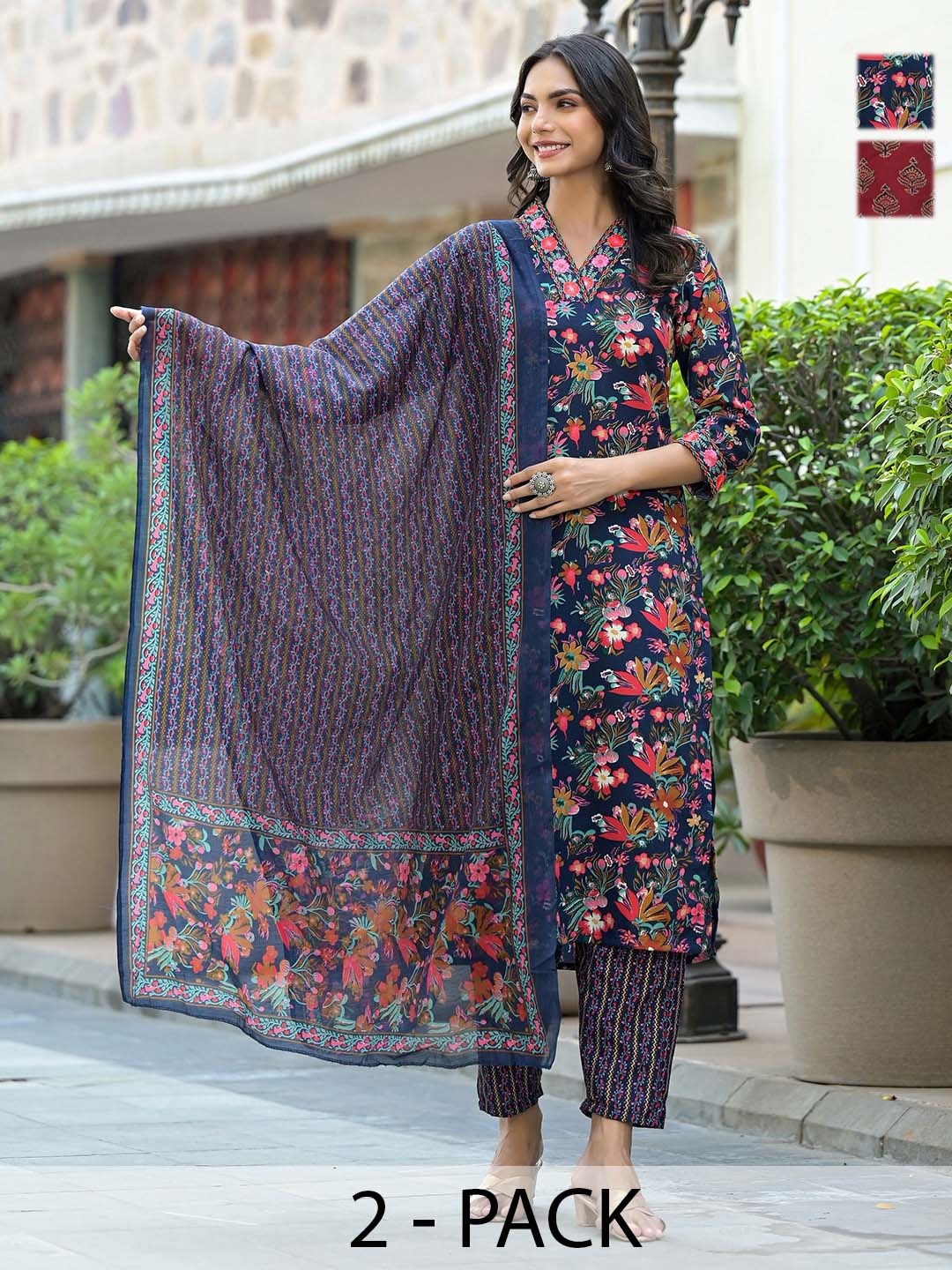 

KALINI Women Ethnic Motifs Printed Regular Kurta with Trousers & With Dupatta, Red