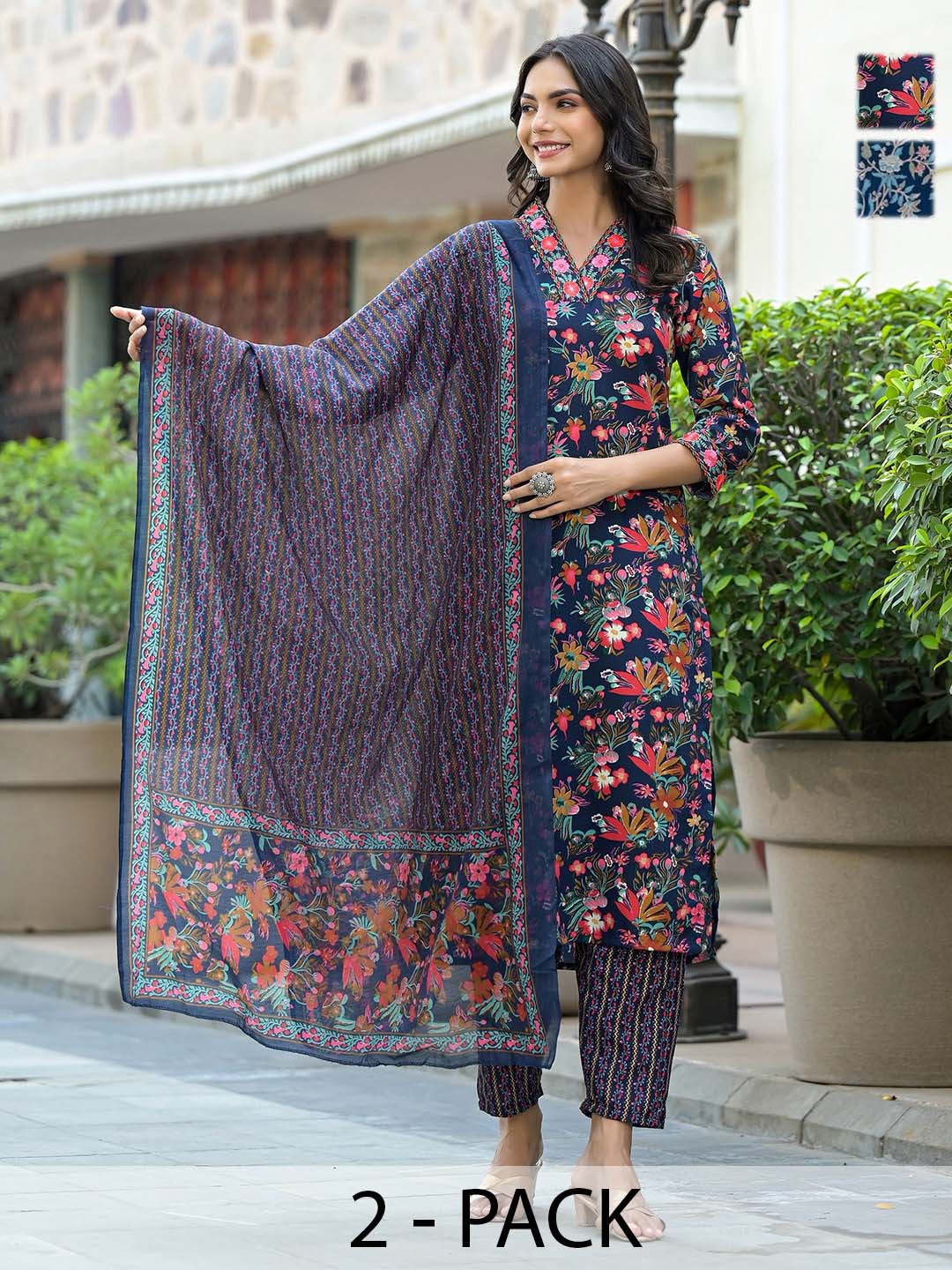 

KALINI Women Ethnic Motifs Printed Regular Kurta with Trousers & With Dupatta, Navy blue