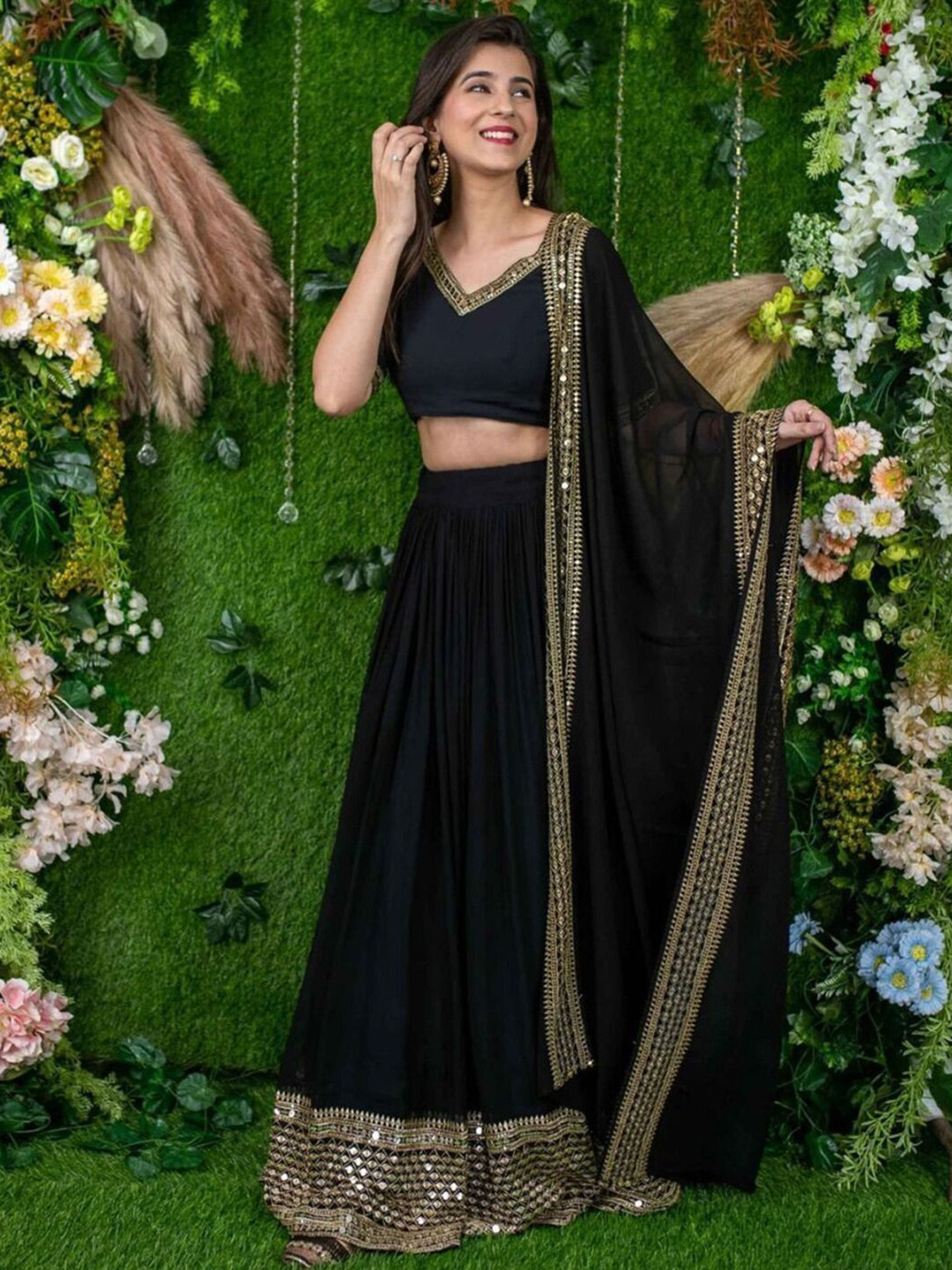 

Fashion Basket Embroidered Sequinned Semi-Stitched Lehenga & Unstitched Blouse With Dupatta, Black