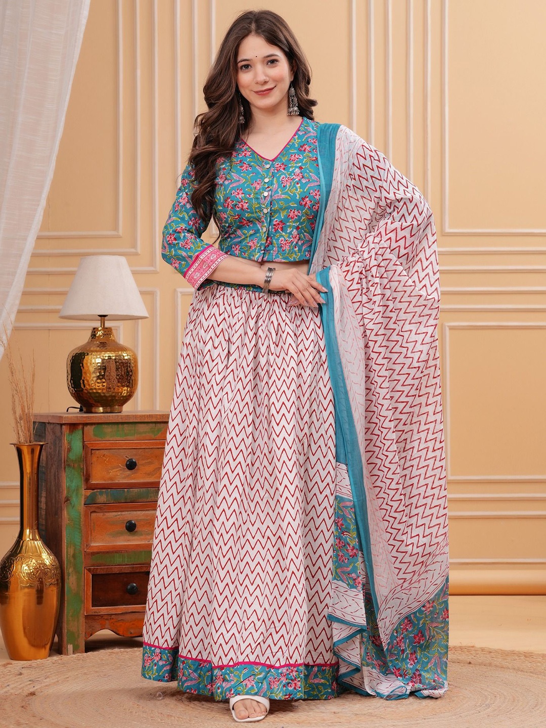 

GEKHA Printed Block Print Ready to Wear Lehenga & Blouse With Dupatta, Blue