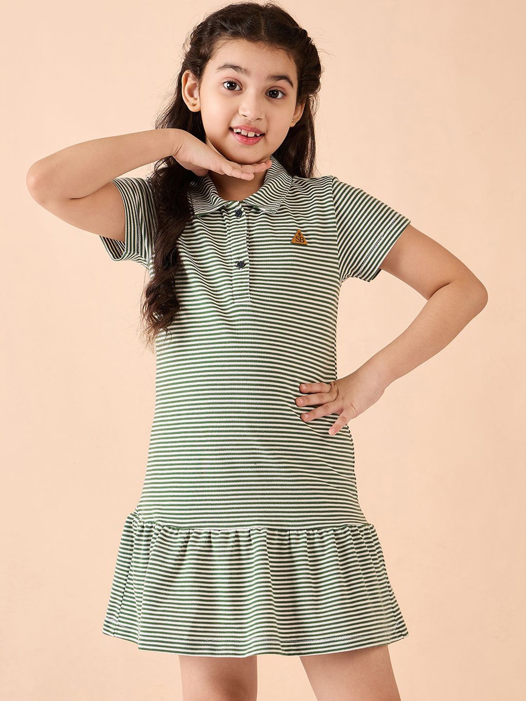 

Stylo Bug Girls Cotton Striped A-Line Midi Dress, Green